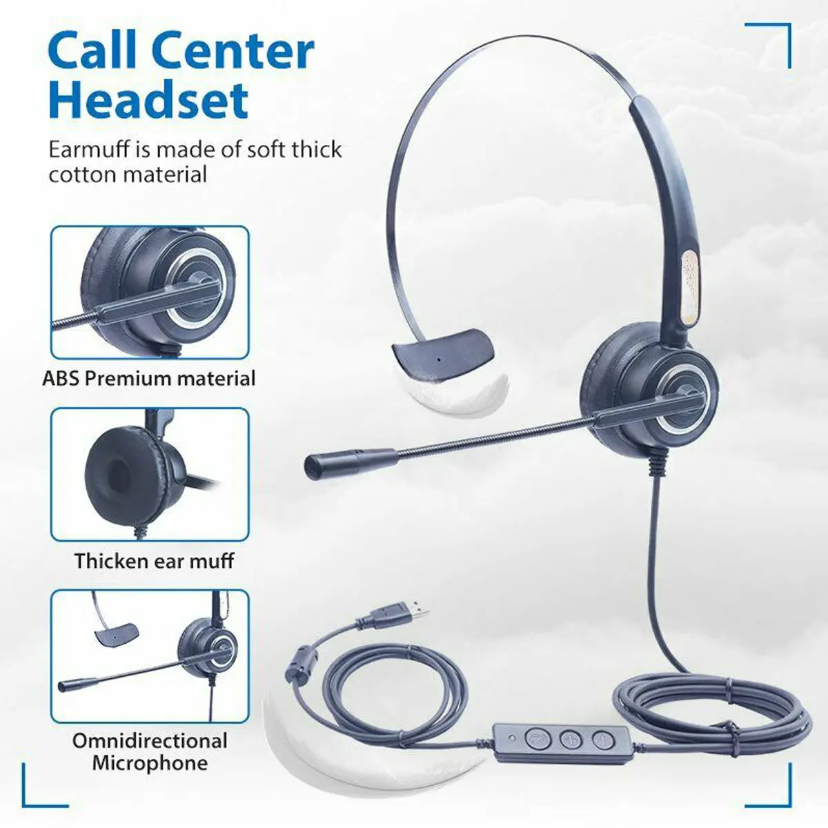 3 5mm USB Headset Handsfree Headphones with Noise Cancelling Mic Adjustable Call Tuning Mute Control for Call Center PC Computer