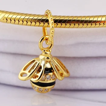 

Original 925 Sterling Silver Golden Queen Bee Dangle Charms Pendant Beads Fit Pandora Bracelet Necklace For Women DIY Jewelry