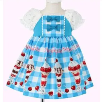 

Kids ice cream printed Baby Girls Lolita ball gown Dress Cute Bow Party puff sleeve stitching Court Princess Vintage Dress