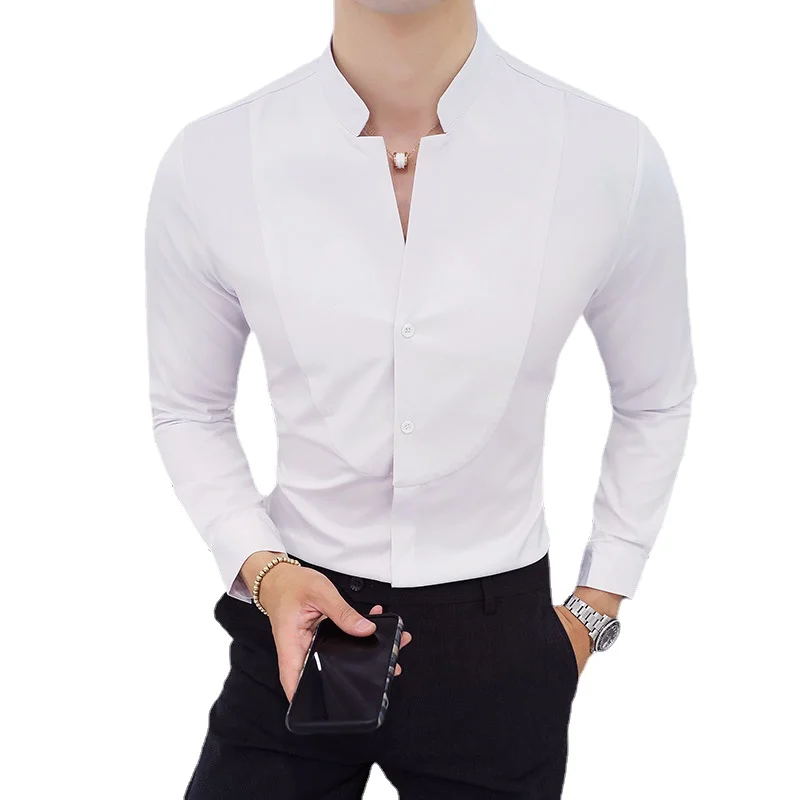 Men Business Shirts Black/White Fashion Elegant Stand Collar Long Sleeve Tops Wedding Party Dresses men casual shirts dress shirts