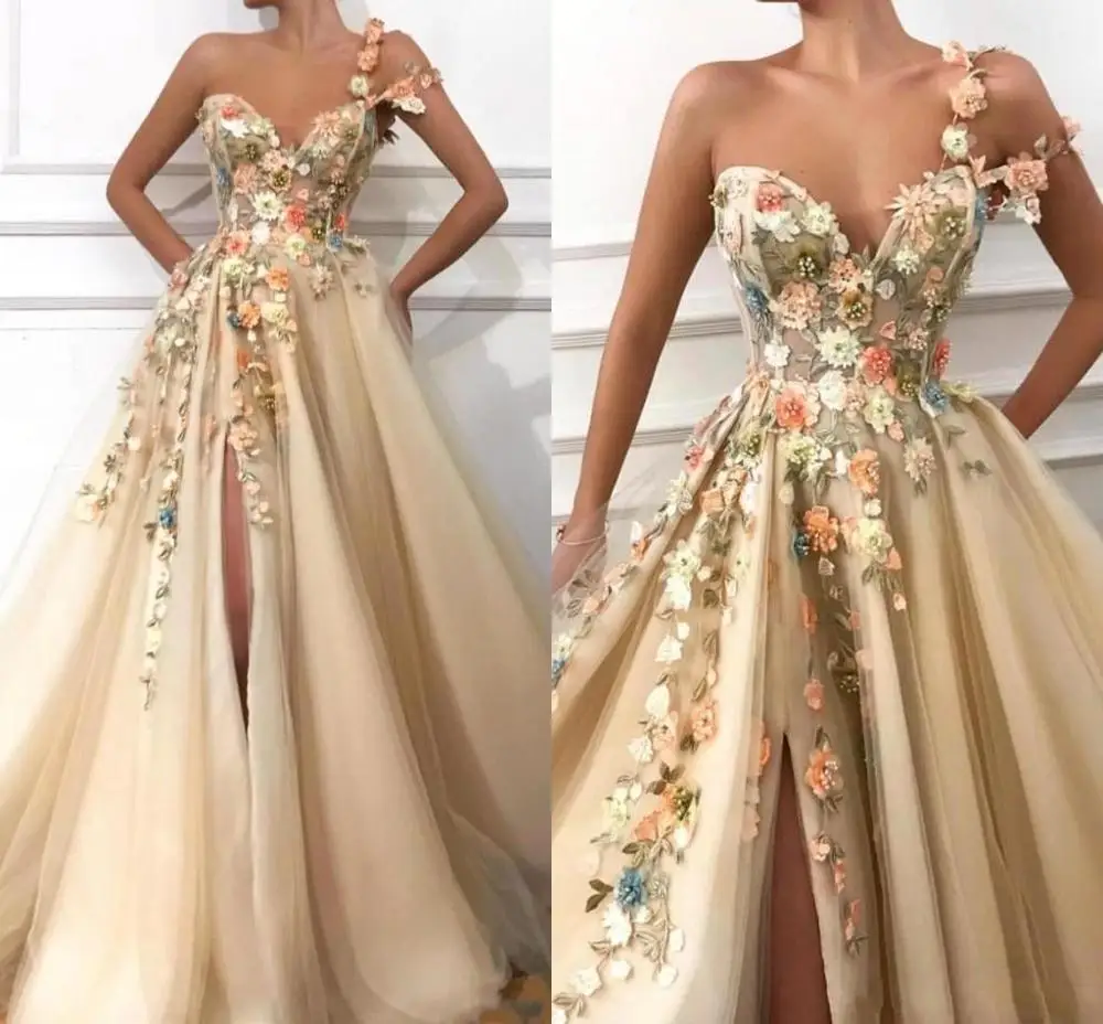

Champagne Satin ALine Prom Dresses Long Sweetheart Hand Made Flowers Plus Size Formal Party Dress Evening Gowns vestidos
