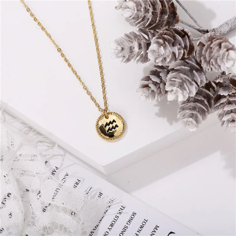 17KM 12 Constellation Star Zodiac Necklace For Women Elegant Coin Pendants Necklaces Gold Metal Choker Fashion Jewelry Gifts