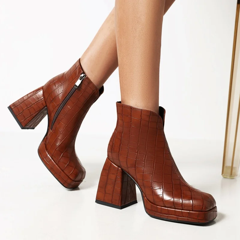 autumn winter high heels black thick platform ankle boots woman new punk print microfiber zipper leather shoes woman ankle boots