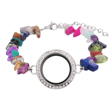 

5pcs/lot Colorful Natural stone handmade Bracelet memory Glass crystal Floating charms 30mm locket bracelet with Extension chain