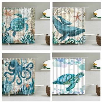

Bath Curtain Sea Turtle Shower Curtain Octopus Bathroom Curtains with 12 Hooks 3D blackout curtain for bathroom Waterproof