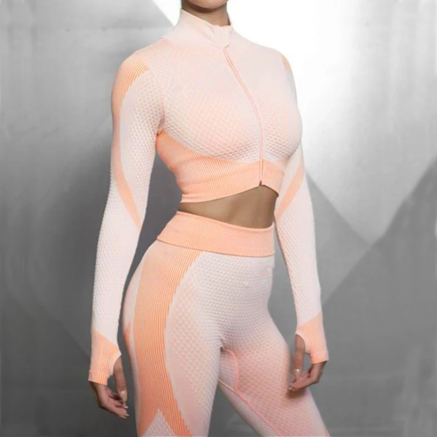 

Winter zipper 2 pieces gym set workout clothes women long sleeve crop top + seamless leggings yoga 2 piece set Tracksuit