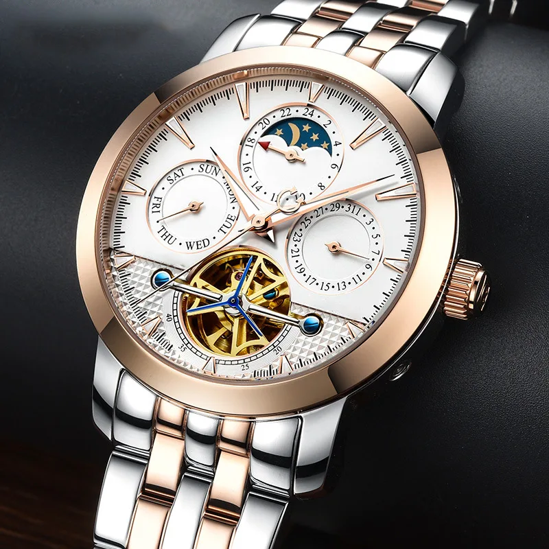 Men Fully Automatic Mechanical Wrist Watch Night Light Waterproof Moon Phase Hollow out Flywheel Multi-Kinetic Energy Jnh8752g