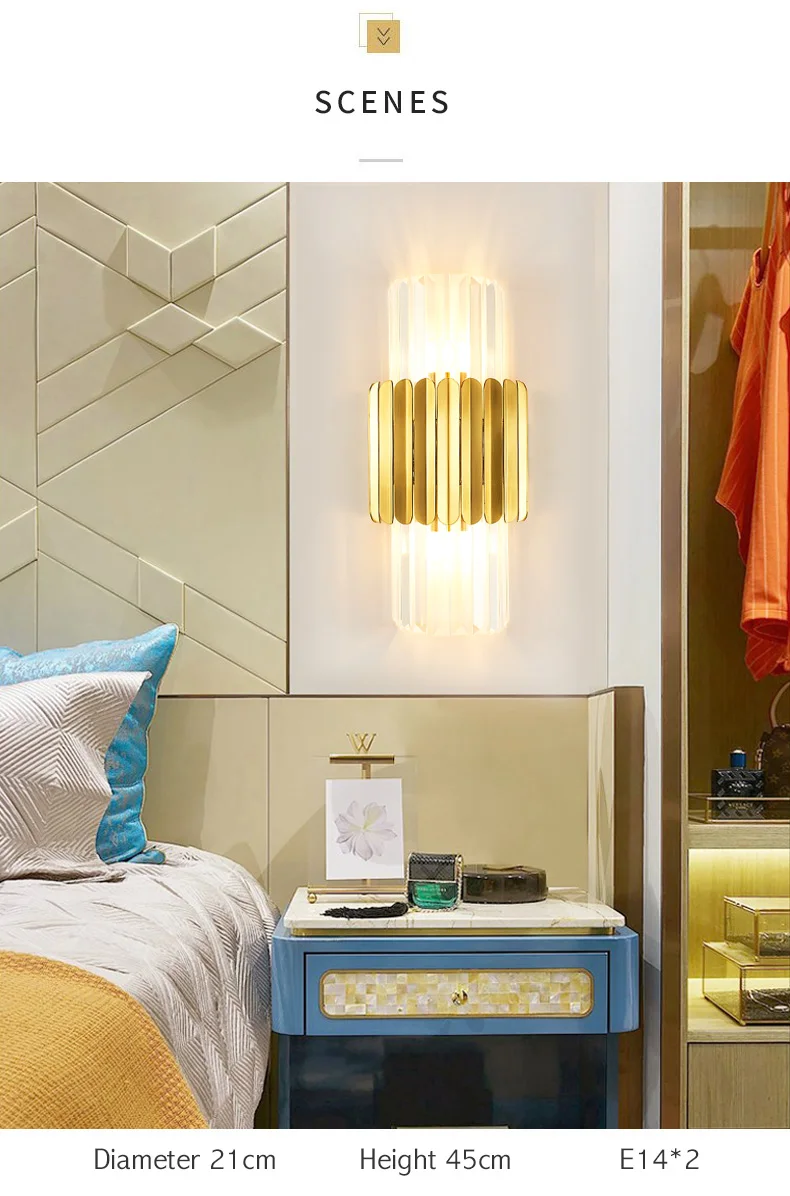 Modern Gold Crystal Bedside Wall Light With Led Lamp - Luxury Wall Lights Fixtures