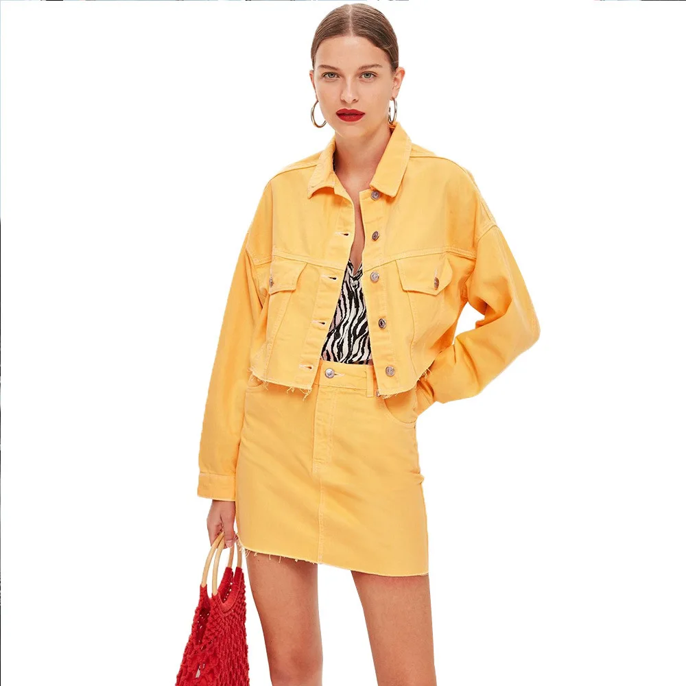yellow Осенне-зимние костюмы,, женская модная однотонная однобортная джинсовая куртка+ короткая юбка с карманами, костюм из двух предметов - Цвет: yellow