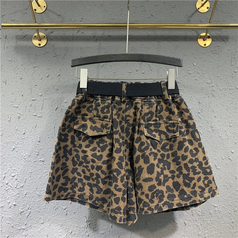 golf shorts Leopard Print Denim Shorts Women Fashion Pocket High Waist Jeans Shorts Female Summer Loose Wide leg Short Pants Jeans With Belt athletic shorts