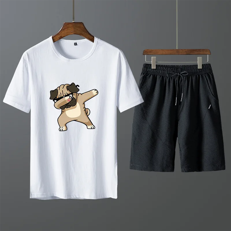 

Summer New Style Korean-style Slim Fit Men's Pure Cotton Athletic Pants Two-Piece Set MEN'S Short-sleeved T-shirt Leisure Suit