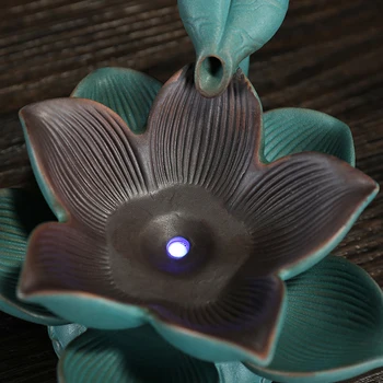 

LED Light Lotus Shape Backflow Ceramic Incense Burner Censer Home Decor Option For Mixed Incense Cones