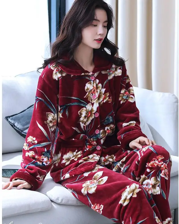 StyleS H5783 уплотненная фланель пижамы костюм для женщин среднего и среднего возраста Домашняя одежда мама с длинным рукавом осенне-зимняя Пижама - Цвет: StyleS