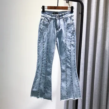 

Diamond Beads Micro Trumpet Jeans Pants Women 2020 Spring Summer New High Waist Light Blue Slim Fit Denim Pants Flare Jeans