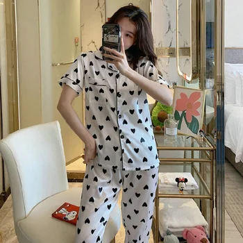 

WAVMIT Sleepwear Sets for Women Lovely Pajamas Set Silk Short Sleeve + Long Pant Home Wear Home Style Women Underwear Pijamas
