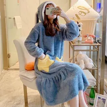 Пижама женская осенняя и зимняя утолщенная Коралловая бархатная юбка для сна фланелевая удлиненная до колена Студенческая Милая домашняя одежда