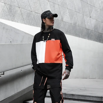 

Men 2020 Broken Hole Long Sleeve T-shirt Oversize Male Women Couple Spring Hit Color Splice Streetwear Hip Hop Loose Tees Shirts