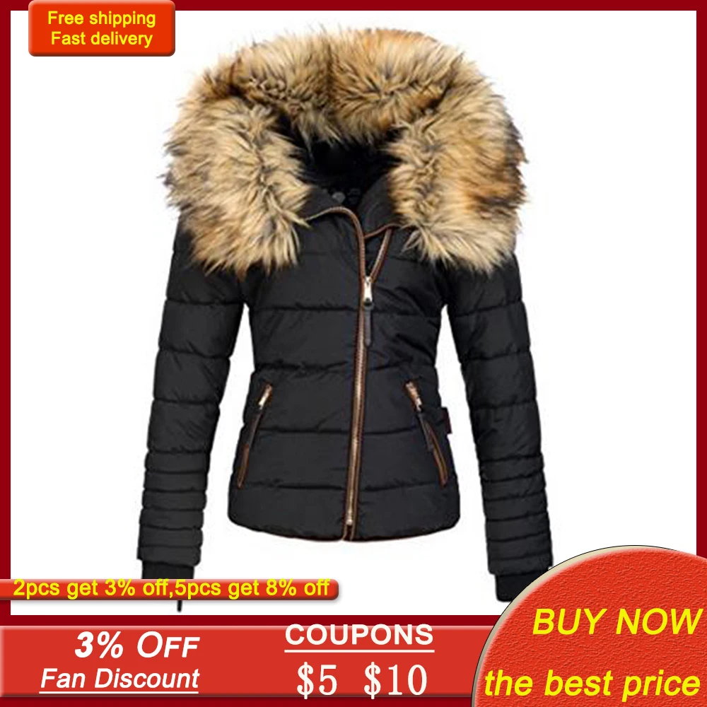 

3XL Casual Oversized Padded Coats Women Down Jacket Warm Faux Fur Collar Winter Parka Outcoat Plus Size Zipper Outwear Warm New