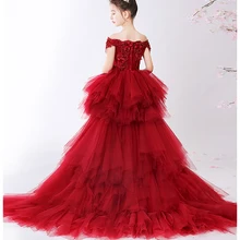 Красное кружевное платье с открытыми плечами для девочек на свадебную вечеринку; платье с цветочным узором для девочек; Детские пышные платья принцессы с длинным шлейфом; платье для первого причастия для девочек