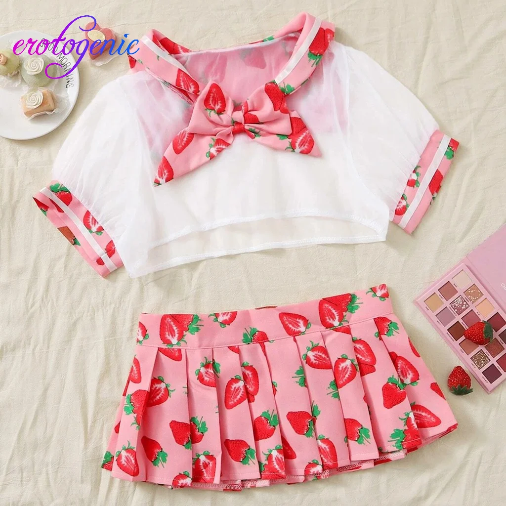 Erotic Cosplay Uniform 2020 Sexy Women Student Mesh Costume Skirt Pink Strawberry Pattern Lingerie эротические костюмы |