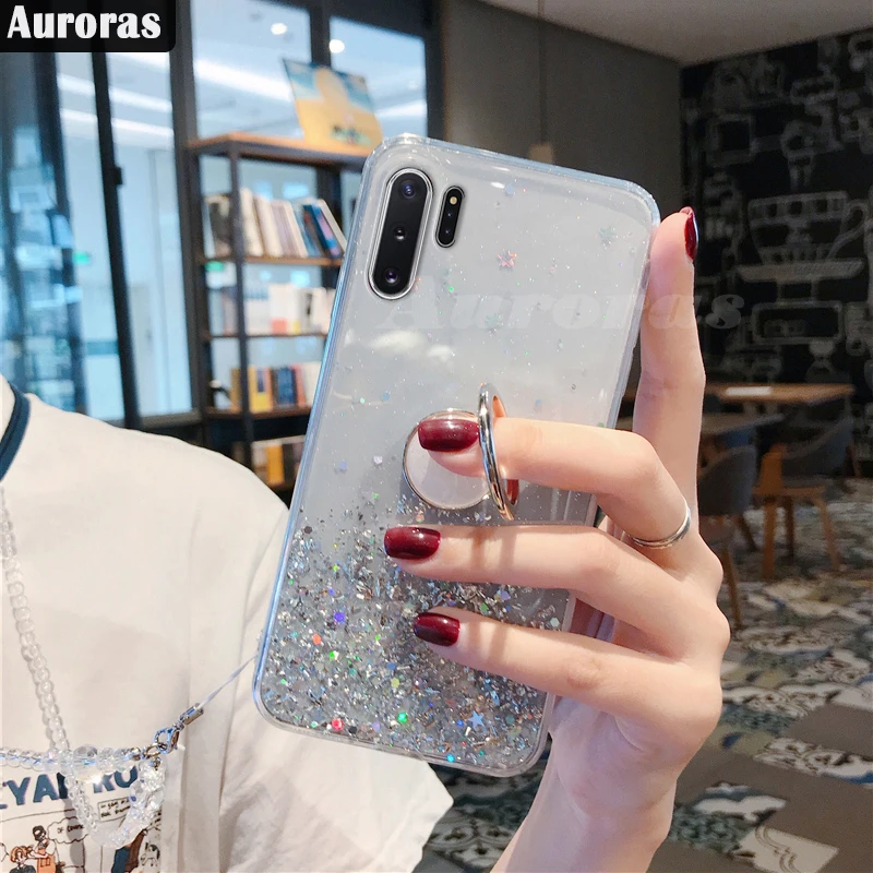 Auroras для samsung Galaxy Note 8, 9, 10 Plus, блестящий чехол с блестками, звездное небо, прозрачный, мягкий чехол, полная звезда, луна - Цвет: Clear (With Ring)