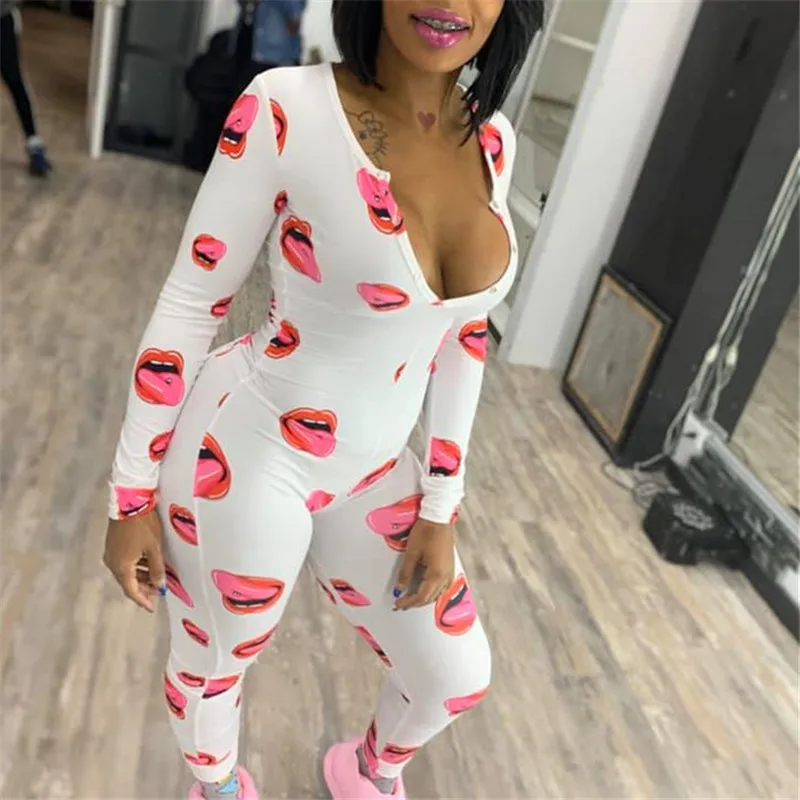 Sexy Onesies For Adults Women V-Neck Button Bodycon Bodysuit Fashion Printed Long Sleeve and Trousers Jumpsuit Romper Pajamas