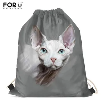

FORUDESIGNS Animal Cat Print 3D Drawstring Bags Canadian Hairless Lover Fashion Leisure Backpacks Portable Shopping Bags for Mom