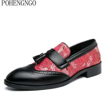 

Fashion Men's Flats printing Tassel Suit Shoes British Elegant Men Oxford Leather Shoes Blue Black Pointy Wedding Party Loafer