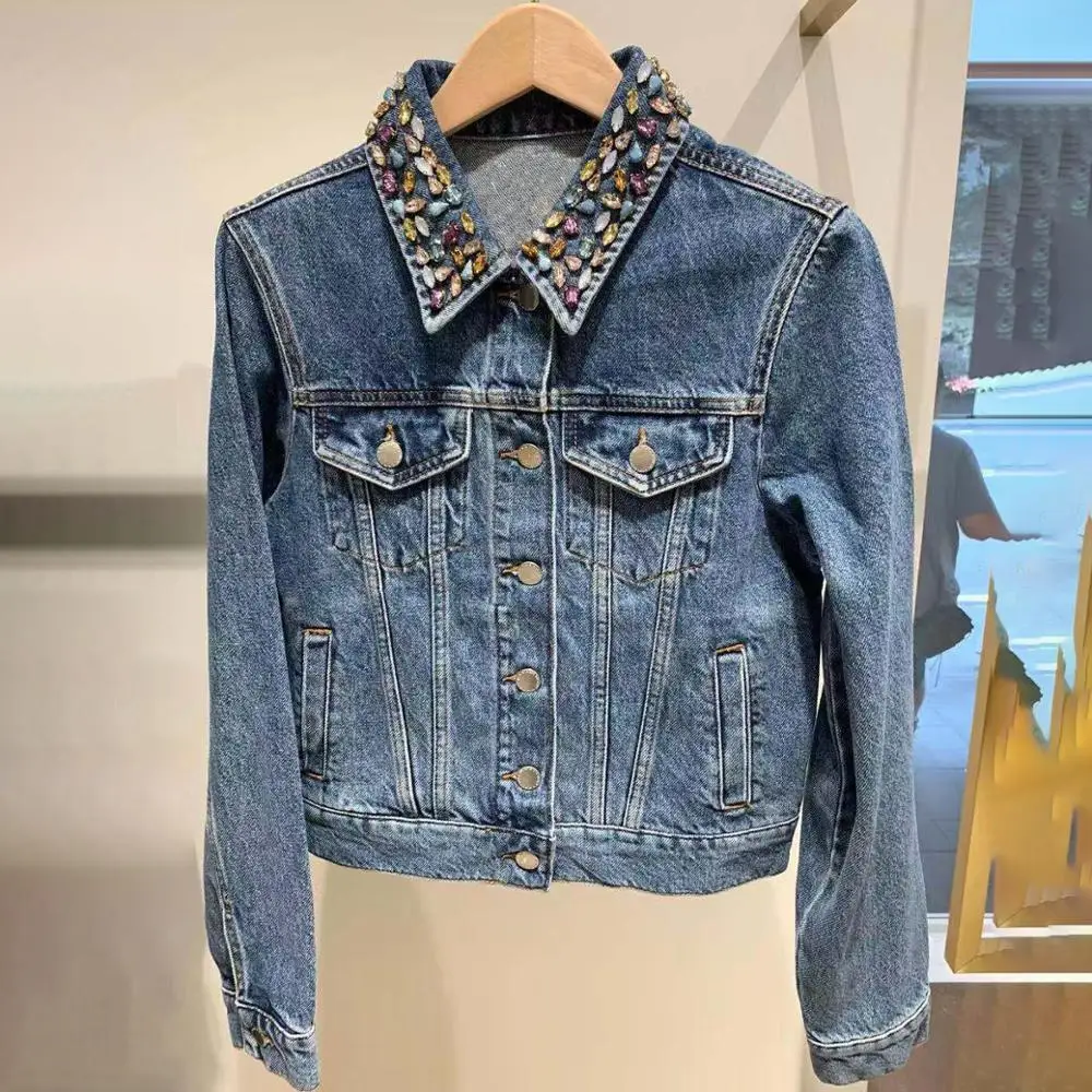 

2020 Spring Autumn Women's Denim Short Jacket Neckline Diamond Long Sleeve Single Breasted Coat