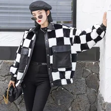 Autumn new women's PU leather stitching imitation lamb fur loose jacket short girl warm rider jacket artificial fur coat spring