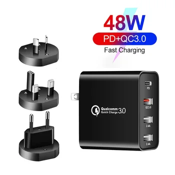 

48W PD Fast Charger QC3.0 High Speed Charging Type C+USB 4 Ports Universal Plug For Mobile Phone Iphone12 Mac Huawei Charger
