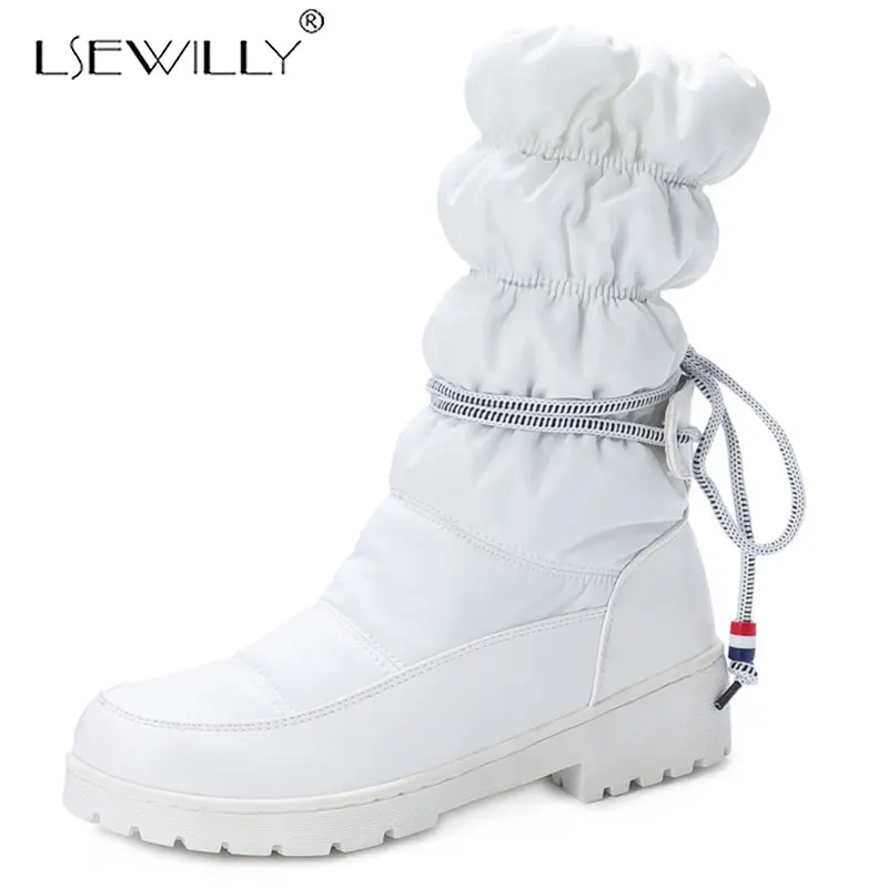 Lsewilly Plus Size Mid Long Boot Sewing Pleated Block Heels Down Cotton Red White Warm Plush Womens Shoes Cute Snow Boots K276 | Обувь