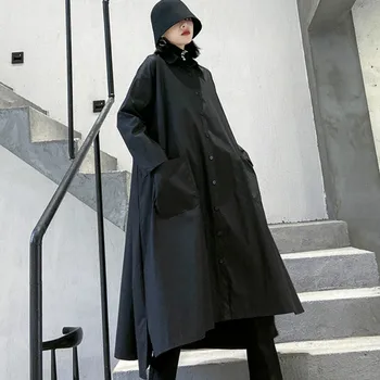 

Solid Black Pockets Single Breasted A Line Dress Women 2020 Autumn Fashion New Style Turn Down Collar Shirt Dress LT742S30