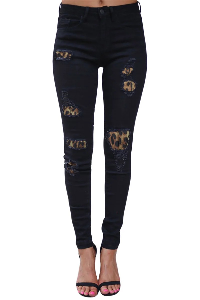 Women Jeans Skinny Hole Long Elastic Leopard Plaid Pencil Jeans For Female Full Stretch Denim Trousers Lady Jeans - Цвет: Черный