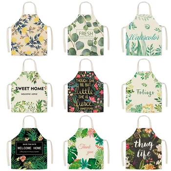 

Tropicial Green Leaves Flower Print Kitchen Aprons Parent-child Unisex Dinner Party Cooking Bib Funny Pinafore Cleaning Apron