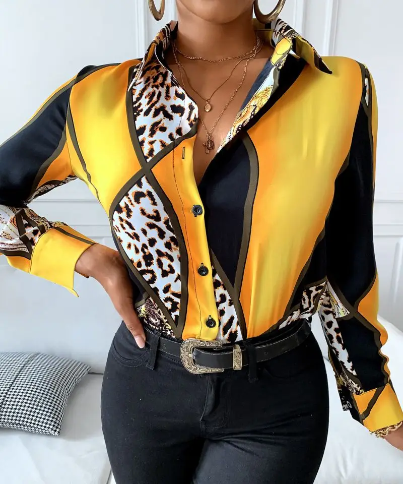 

Leopard Print Women Blouse Colorblock Buttoned Long Sleeve Shirt Autumn New Turn-Down Collar Chiffon Top
