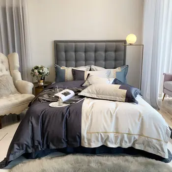 

4 piece King Queen Size Duvet Cover Set 80S Egyptian Cotton Bed Linen Sateen Quilt Covers Plain Grey Bedding Embroidered Shams
