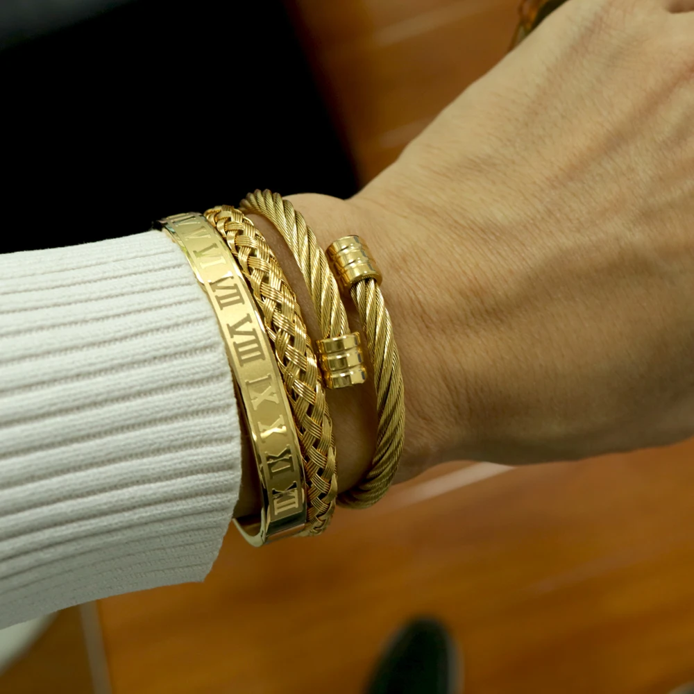 New Arrival Men Roman Bracelet 3PCS/Set Gold Colour Stainless Steel Twisted Wire Cuff Bracelet Bangle Women Jewelry