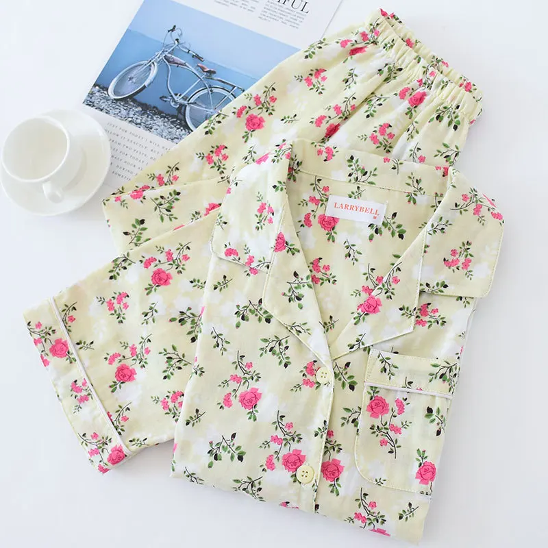 cute pajama sets Korea Fresh Flowers Pajama Sets Women 100% Gauze Cotton Long Sleeve Casual Sleepwear Pyjamas Femme Spring Pijama Mujer 2021 New cute pj sets