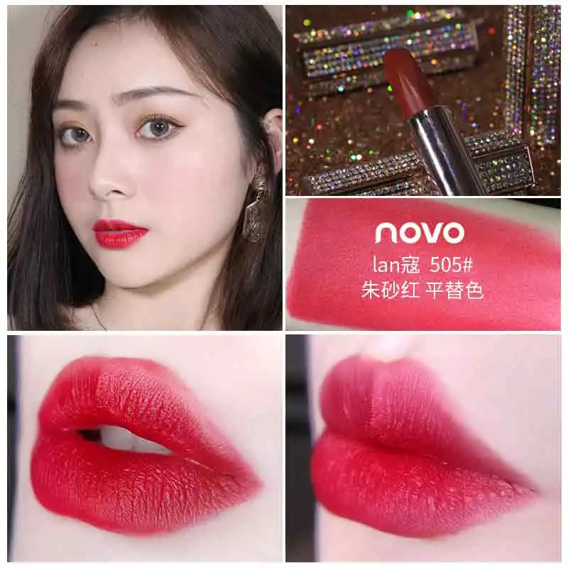 505 Novo Glitter diamond lipstick tomato red pumpkin purple matte lip cream long lasting waterproof moisturizing lip stick BN184 - Color: 505