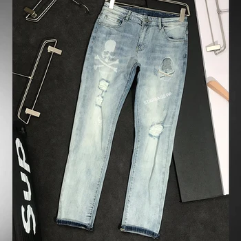 

Original skull diamond pp four season jeans car red thread popular embroidered leather label casual slim elastic