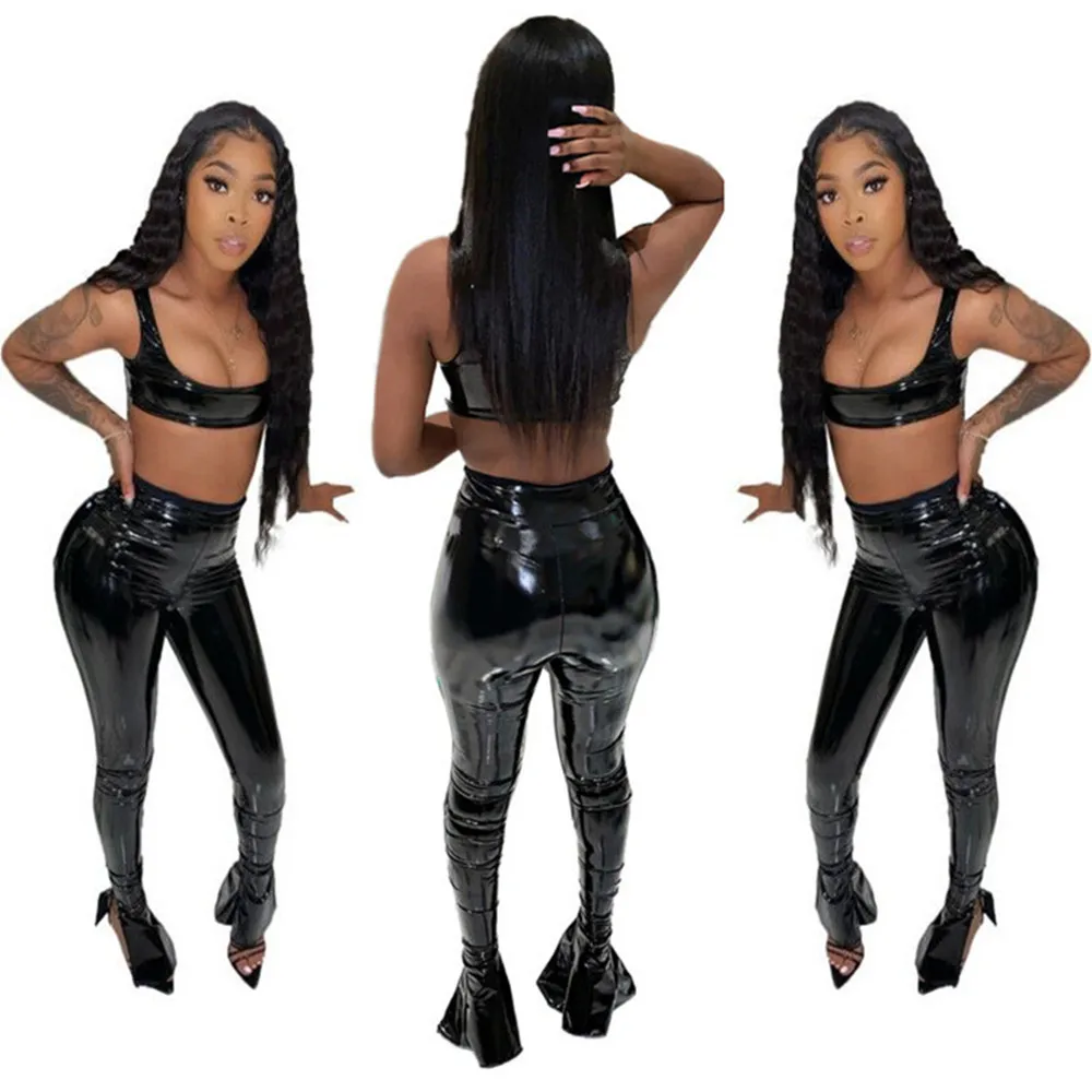 RT-traje de cuero sintético para mujer, conjunto de dos piezas, Top corto sin mangas, pantalones con abertura, traje deportivo de piel sintética, 2 piezas