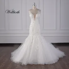 Реальное изображение, Wellbirth Vestido de novia, v-образный вырез, открытая спина, Русалка, свадебное платье, рукав-крылышко, свадебное платье, JC030