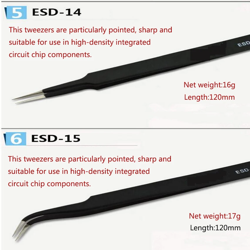 6PC/set Precision Anti Static Tweezers Stainless Steel Tweezers Set for BGA Work Repair Tool ESD-10,11,12,13,14,15