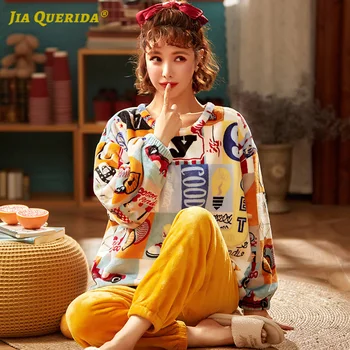 

Girl New Soft Long Sleeve Long Pants Sleepwear Fashion Style Casual Style Pj Set Pajama Set Coral Fleece Cartoon Printing