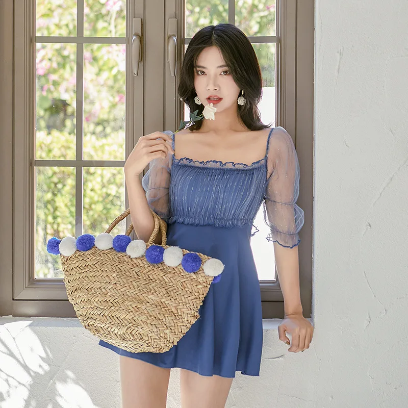 

Swimsuit Swimwear Woman Female Sexy Bikini Fairy Fan Skirt Covering Short Long Sleeve Word Solid Spandex Swimsuit Ladies