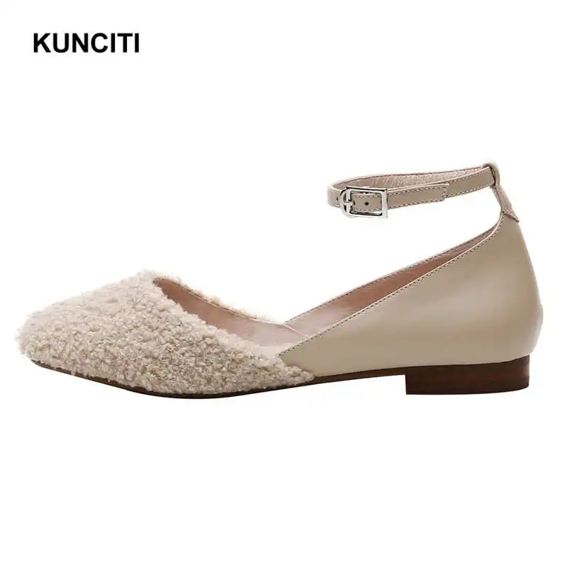 Apricot KUNCITI/; женская обувь на плоской подошве; женская кожаная обувь с ремешком на щиколотке; женская повседневная обувь; эспадрильи в европейском стиле; модная дизайнерская обувь; F9146 - Цвет: Apricot