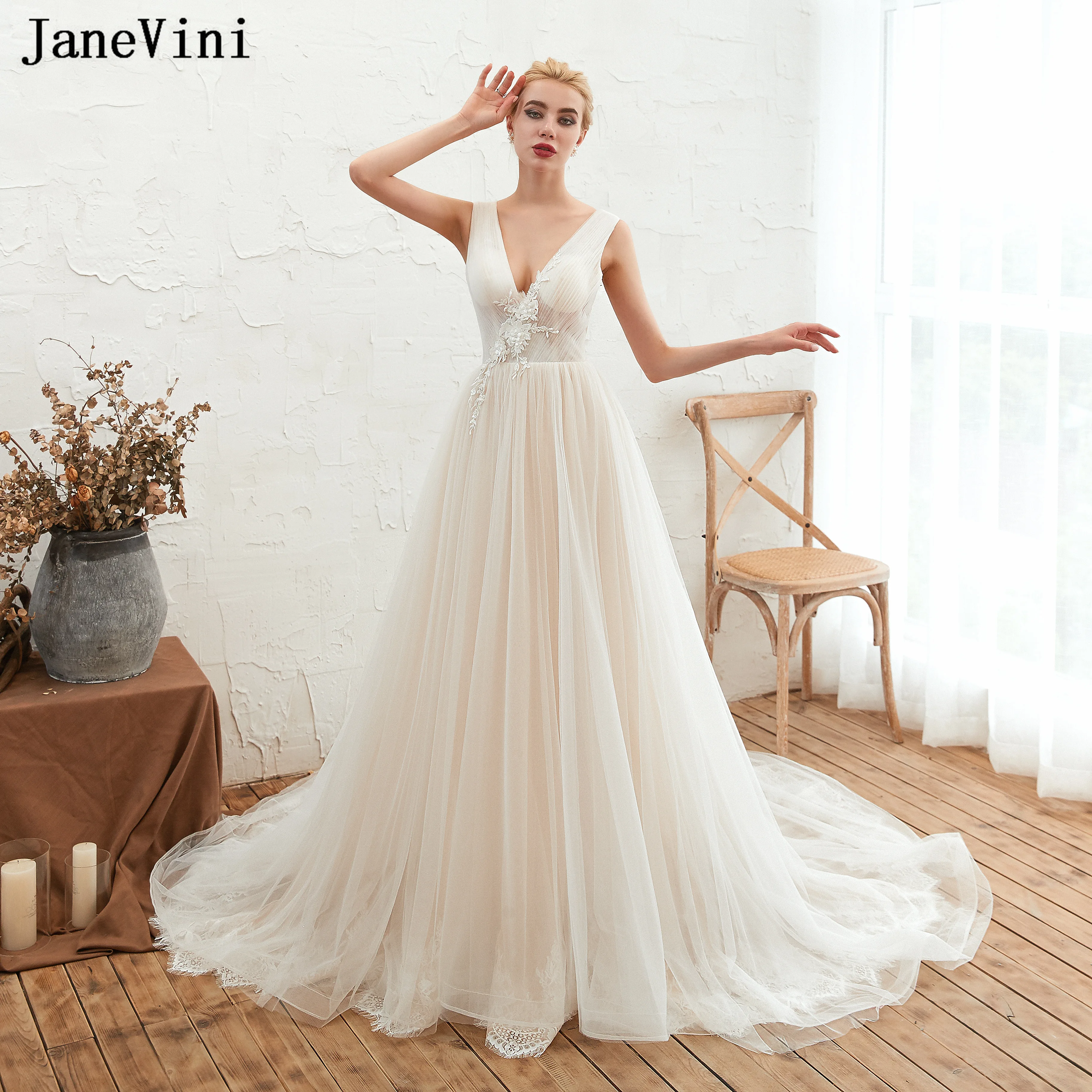 JaneVini Vestidos 2019 глубокий v-образный вырез Тюль Длинные свадебные платья без рукавов платье с вышивкой и открытой спиной линии Свадебные платья