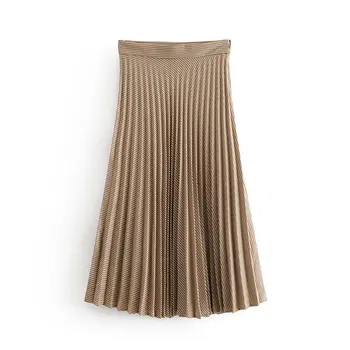 

Women Elegant Plaid Midi Pleated Skirt Side Zipper High Waist Female Retro Mid Calf Skirts Mujer