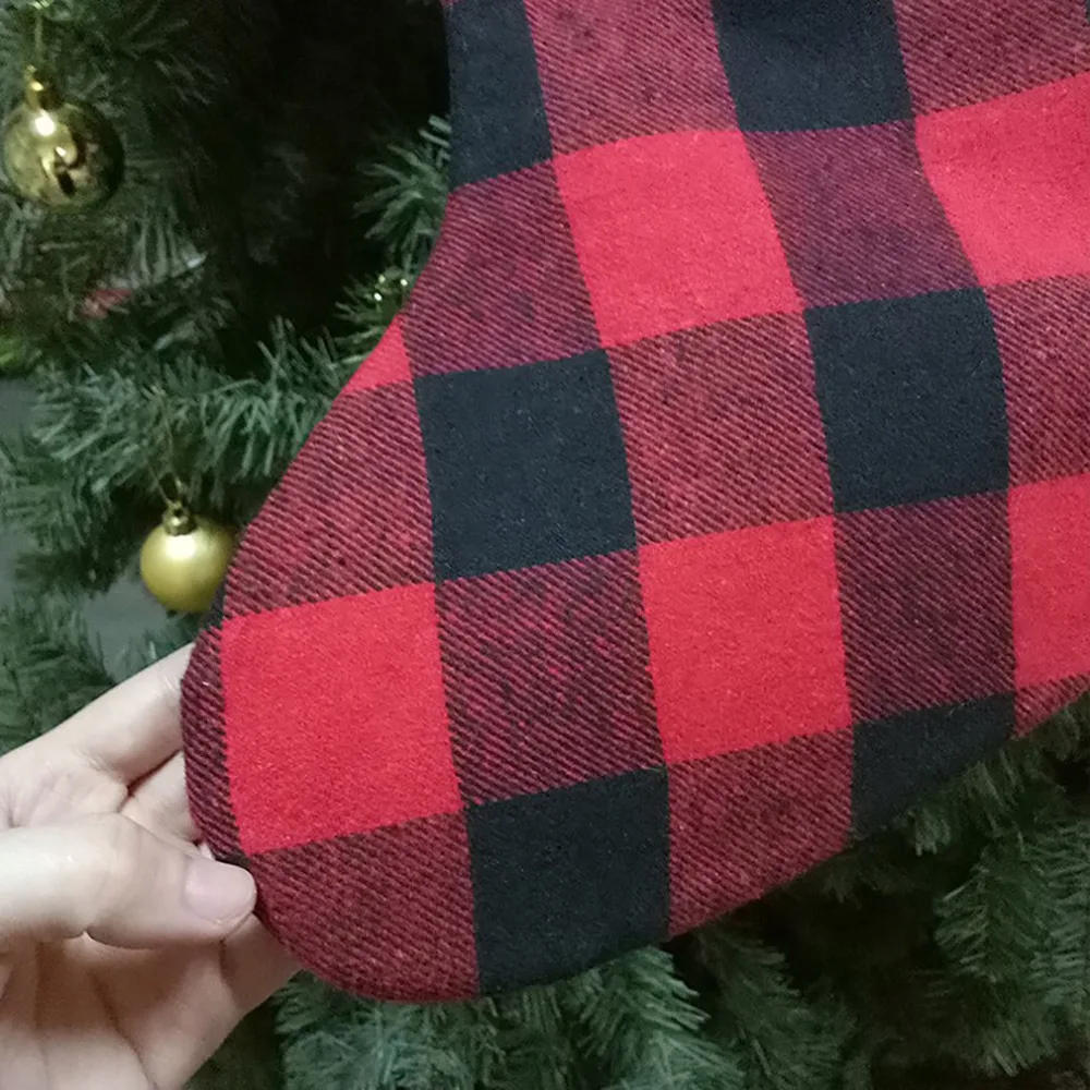 Black Red Plaid Christmas Stocking with White Faux Fur Cuff Buffalo Check Socks for Holiday Christmas Decorations